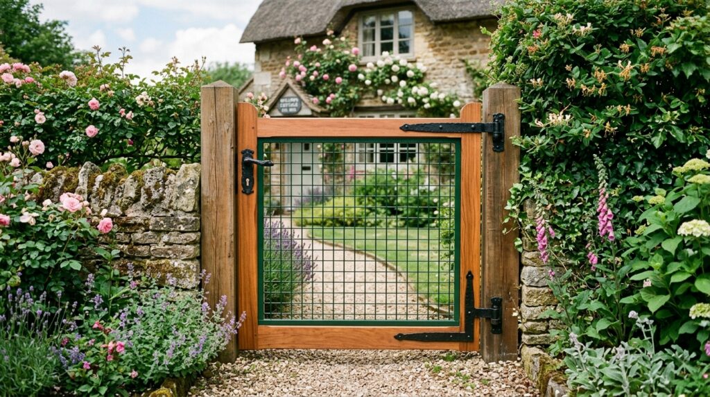 Industrial Wire Mesh and Wood Frame Gates for Modern Farmhouses cottage gate hunter green cedar 202606111354