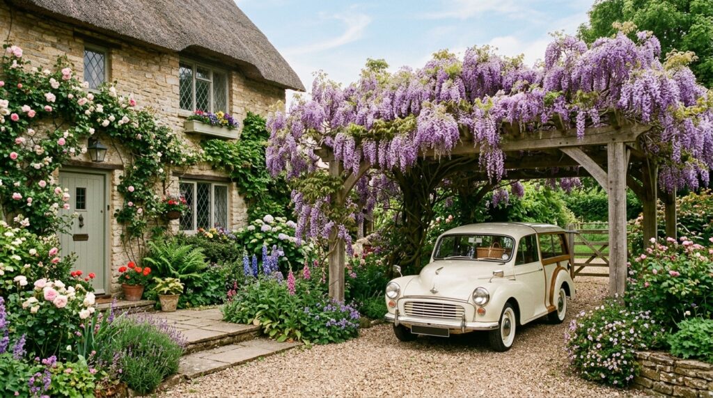 Timber Frame Carports That Add Rustic Charm to Your Front Yard cottage yard with wisteria carport 202606152008
