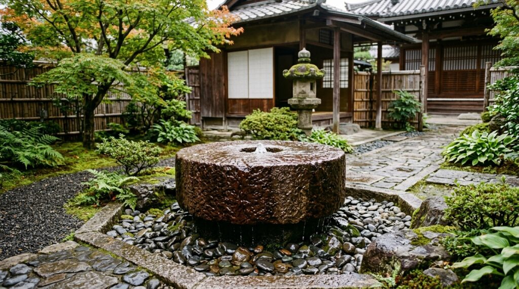 Monolithic Stone Water Bowls with Slow Spillways for Zen Courtyards courtyard garden with stone 202606101358