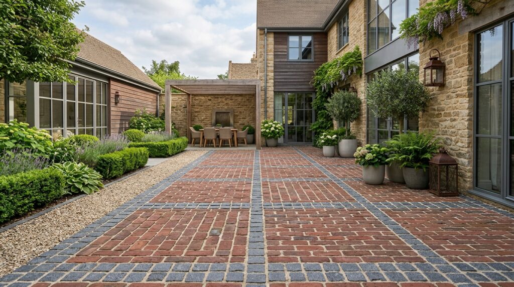 Brick-Paved Courtyards Inspired by Classic European Plazas courtyard grid of cobbles brick 202606141351