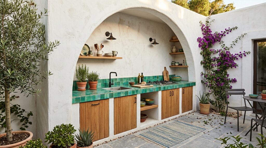Whitewashed Stucco Mediterranean Kitchens with Mosaic Tile Tops courtyard outdoor kitchen zellig… 202606181249