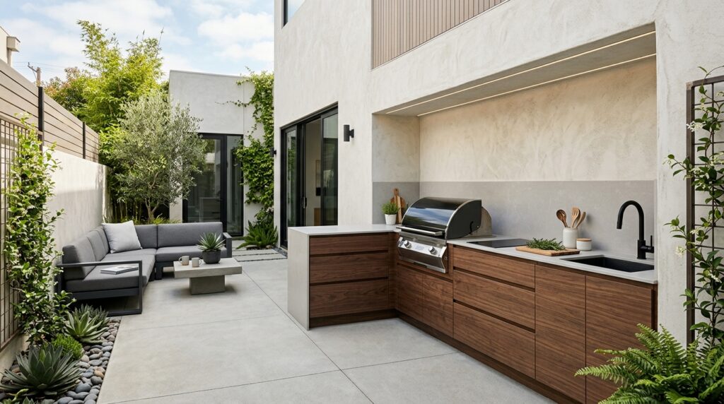 L-Shaped Multi-Functional Kitchen Layouts for Open-Air Patios courtyard patio with l shaped ki… 202606171147