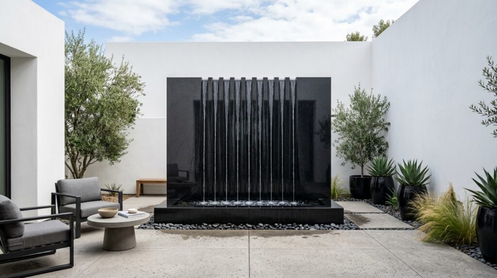 Contemporary Water Walls Using Dark Granite and Rippling Flows courtyard terrace with water fea… 202606102232