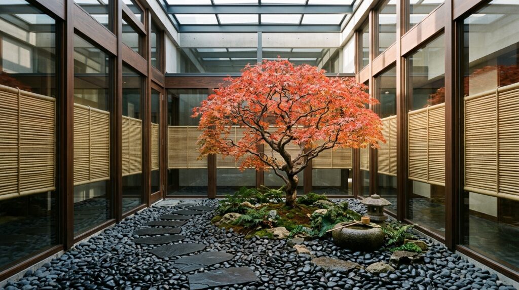 Zen Meditation Patios with Bamboo Screens and Smooth River Rocks courtyard with japanese maple 202606141524