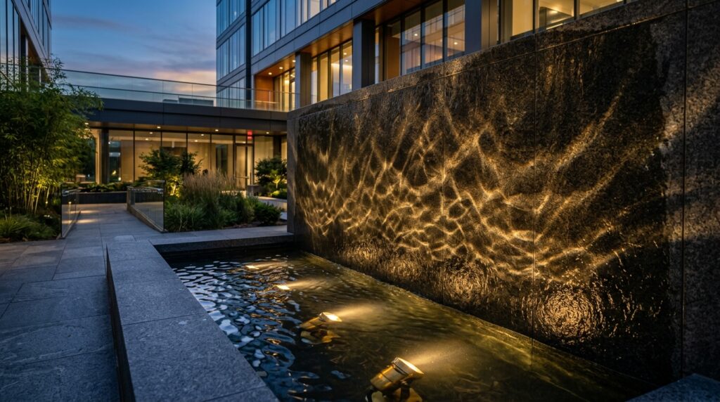 Contemporary Water Walls Using Dark Granite and Rippling Flows courtyard with brass spotlights 202606102242