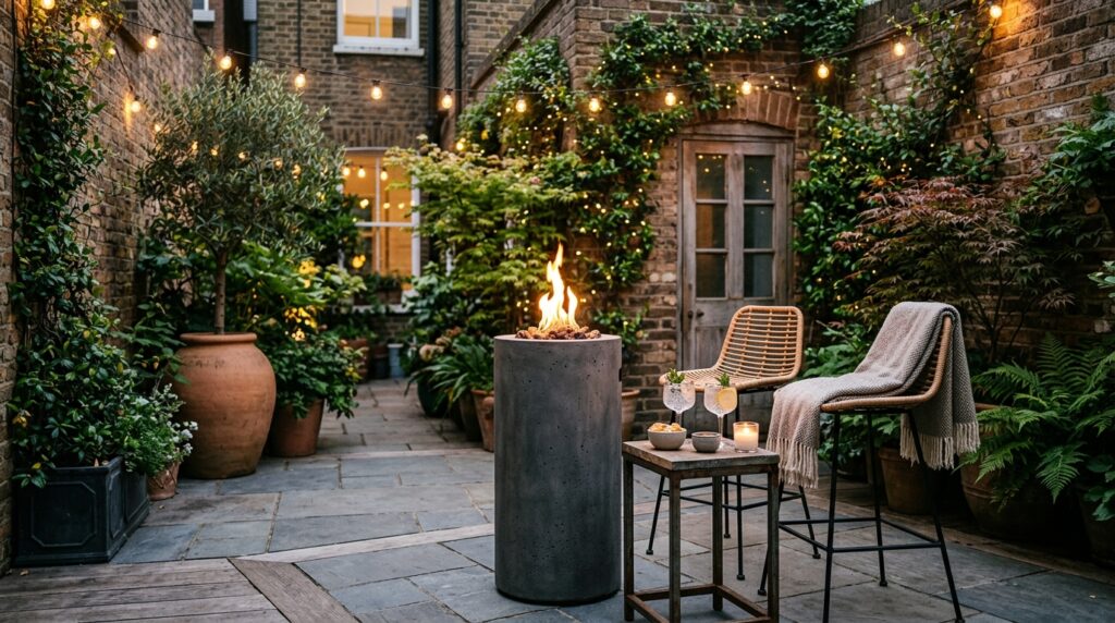 Modern Fire Pit Layouts For Luxury Outdoor Lounging courtyard with fire pillar bar 202606062006
