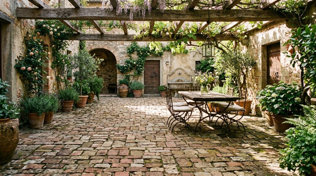 Brick-Paved Courtyards Inspired by Classic European Plazas courtyard with weathered histori… 202606141351