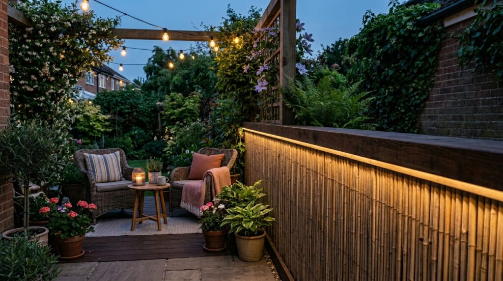 Bamboo Reed Screening Fences for Quick, Cost-Effective Privacy cozy backyard terrace evening view 202606112342
