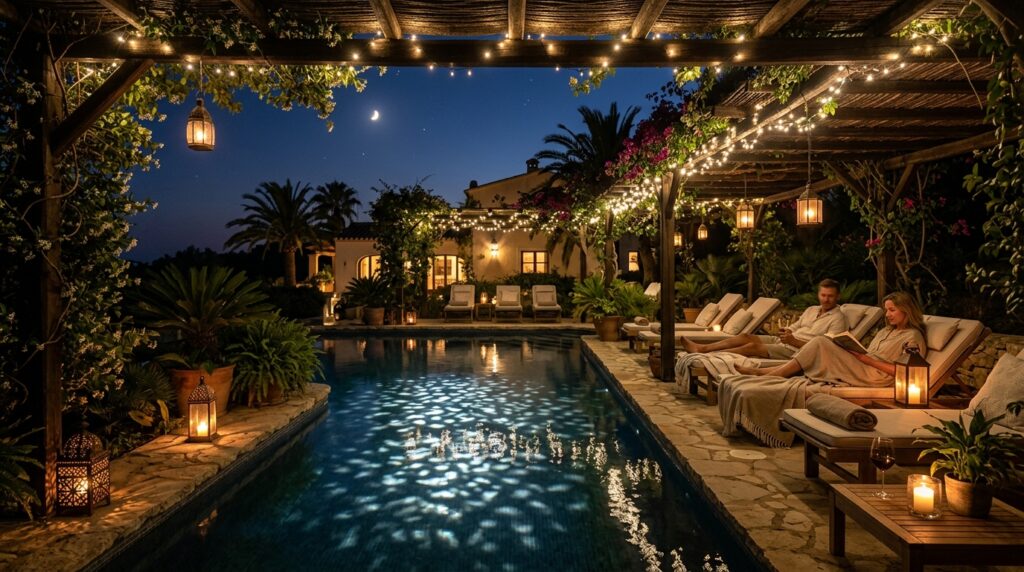 Modern Outdoor Plunge Pool Ideas For Luxury Backyard Relaxation cozy evening pool lounge 202606070815