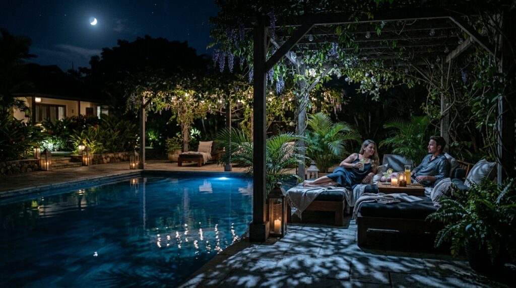 Modern Outdoor Wellness Spa Hubs For Premium Backyard Luxury cozy evening pool lounge 202606071508
