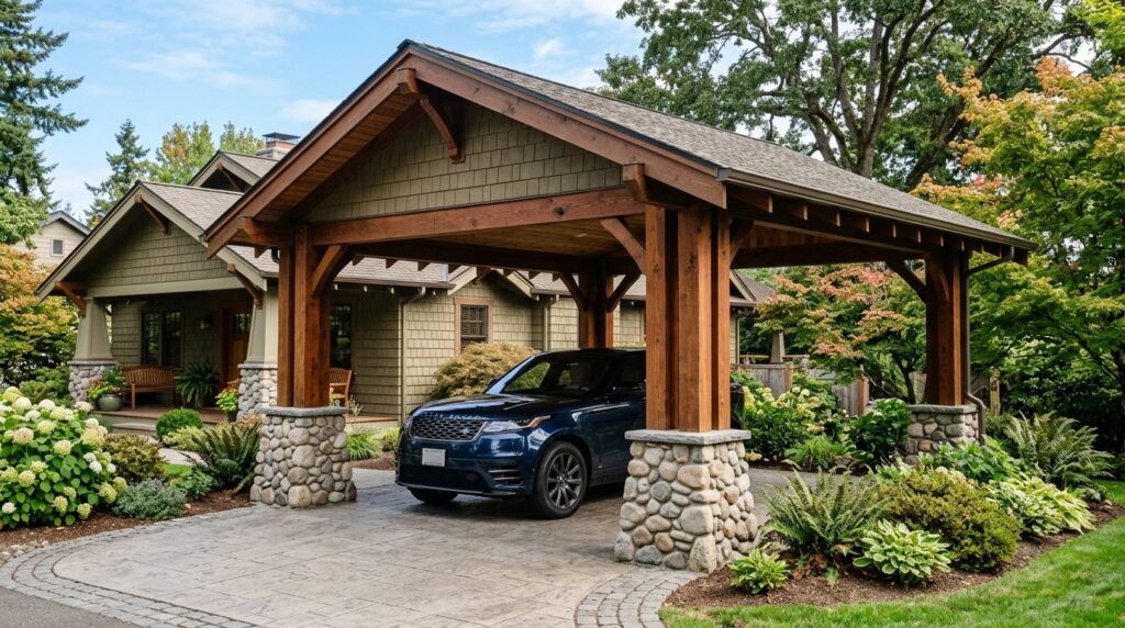 Craftsman-Style Carports Featuring Tapered Stone Column Pillars craftsman bungalow carport luxur… 202606152244