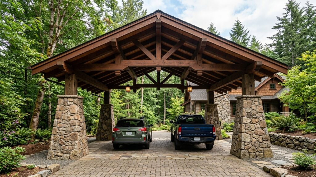 Craftsman-Style Carports Featuring Tapered Stone Column Pillars craftsman carport pavilion field… 202606152245