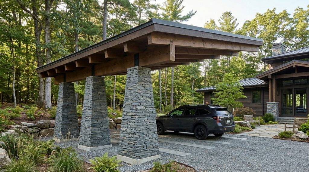 Craftsman-Style Carports Featuring Tapered Stone Column Pillars craftsman carport timber roof ca… 202606152246