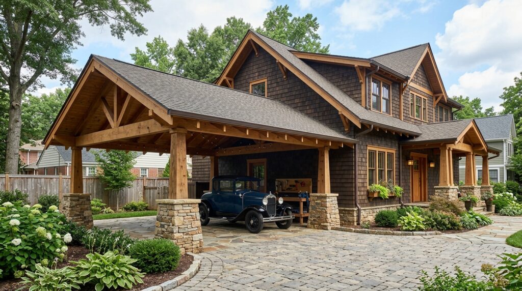 Craftsman-Style Carports Featuring Tapered Stone Column Pillars craftsman carport with gable roof 202606152245
