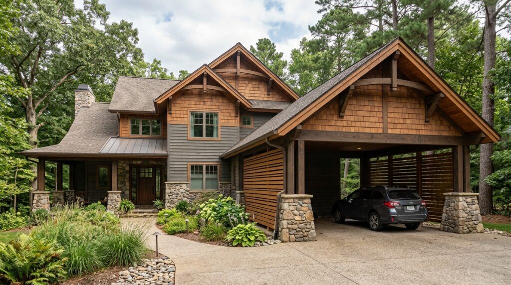 Craftsman-Style Carports Featuring Tapered Stone Column Pillars craftsman home with carport 202606152247