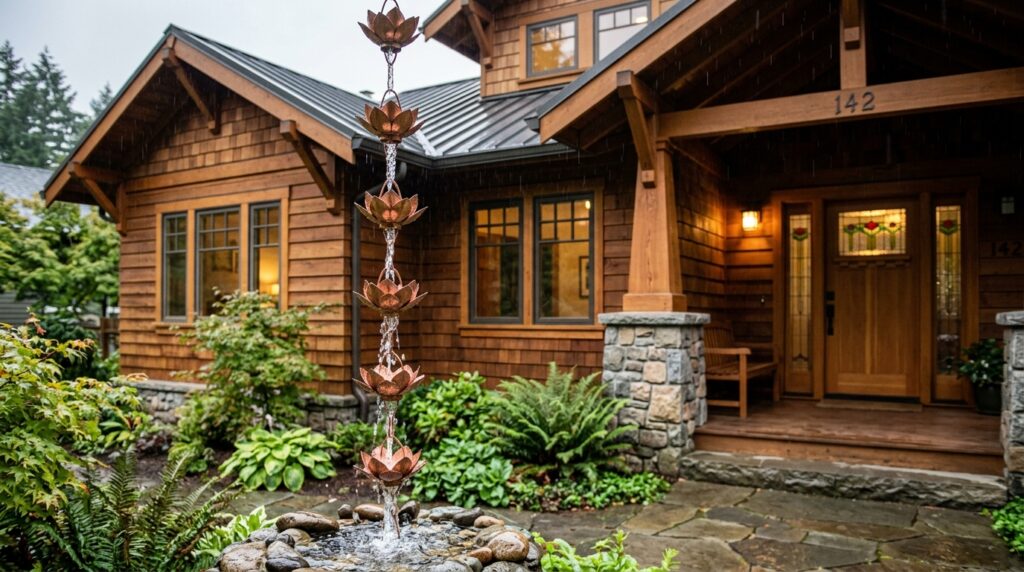 Copper Rain Chains That Turn Runoff Water into Beautiful Art Features craftsman home with copper rain 202606101201