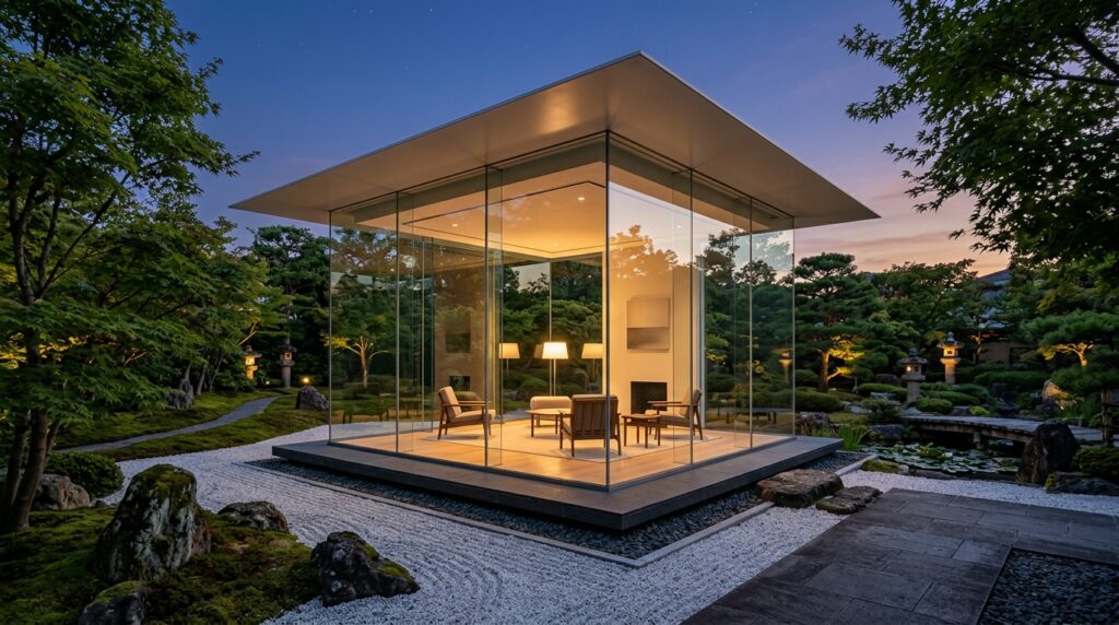 cubic glass pavilion zen garden 202606141212