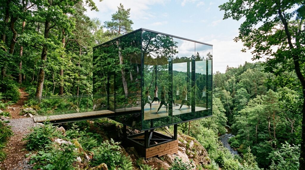 cubic yoga studio reflecting forest 202606131106