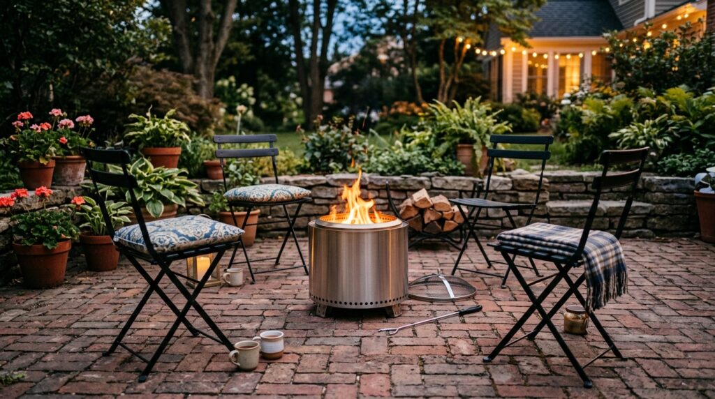 Fire Pit Lounge Ideas For Cozy Backyard Evenings cylindrical fire pit on patio 202606042004