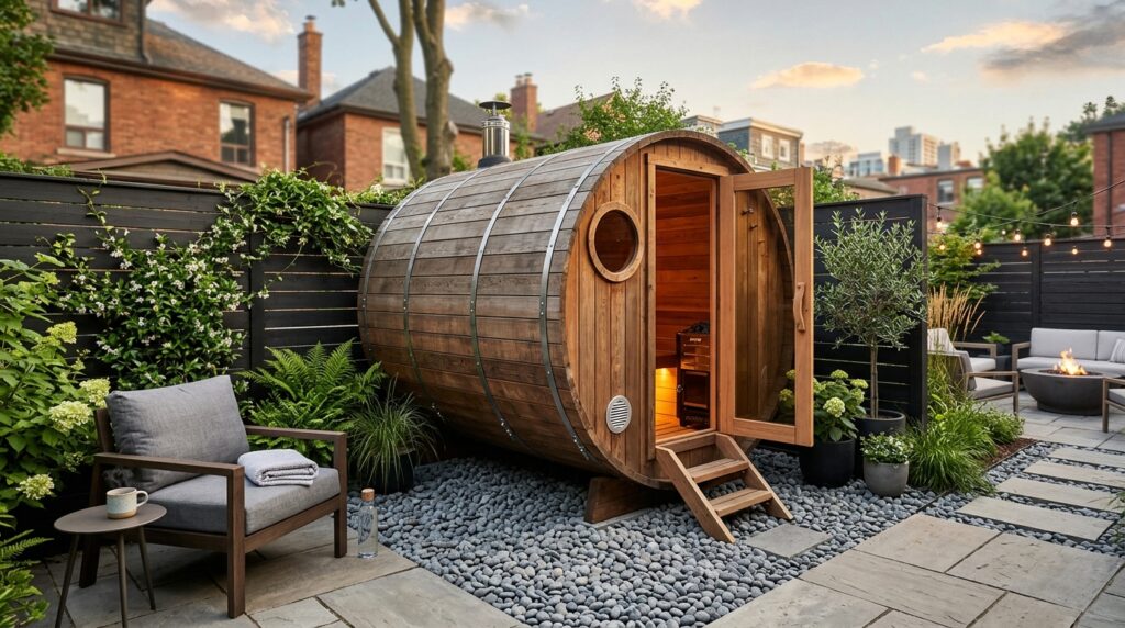Modern Outdoor Wellness Spa Hubs For Premium Backyard Luxury cylindrical wooden barrel sauna … 202606071509