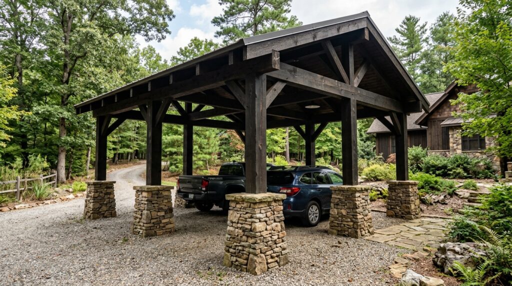 Smart Carport Outdoor Ideas That Will Instantly Upgrade Your Home dark carport with stone pillars 202606061803