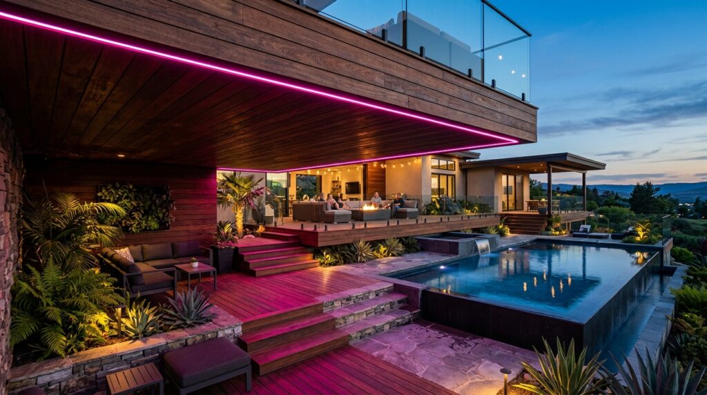 Neon Contour Strip Lighting for Futuristic Pool and Deck Edging deck overlooking modern pool 202606101245