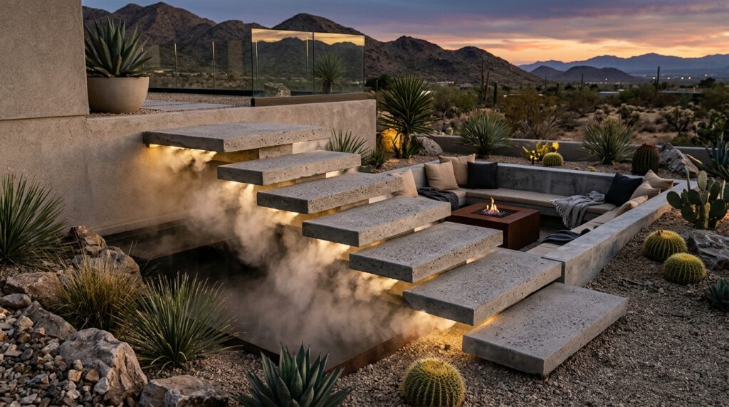 Architectural Fogging Systems to Keep Desert Patios Cool and Moody desert backyard concrete steps l… 202606101119
