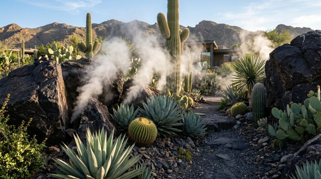 Architectural Fogging Systems to Keep Desert Patios Cool and Moody desert garden with fog 202606101120