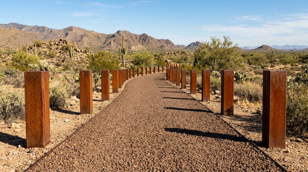 Minimalist Square Bollard Lights for Clean, Straight Garden Paths desert path with steel bollards 202606101510