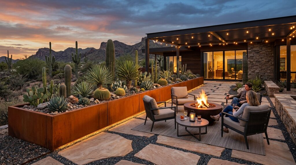 Raised Garden Bed Layouts to Frame Your Main Seating Patio desert patio with fire pit 202606141316