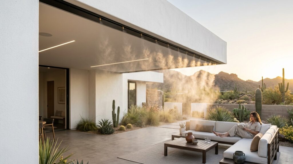 Architectural Fogging Systems to Keep Desert Patios Cool and Moody desert patio with fog nozzles 202606101117
