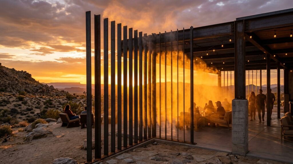 Architectural Fogging Systems to Keep Desert Patios Cool and Moody desert pavilion sunset fog 202606101122