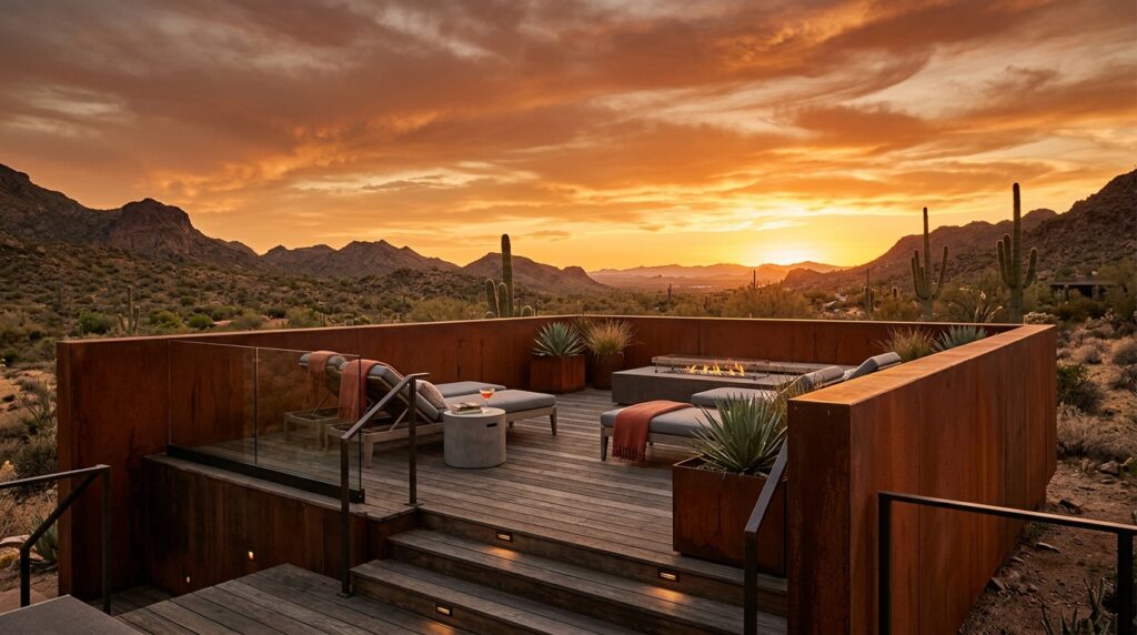 Raised Sun Decks Positioned Perfectly for Golden Hour Views desert sun deck corten steel 202606141839