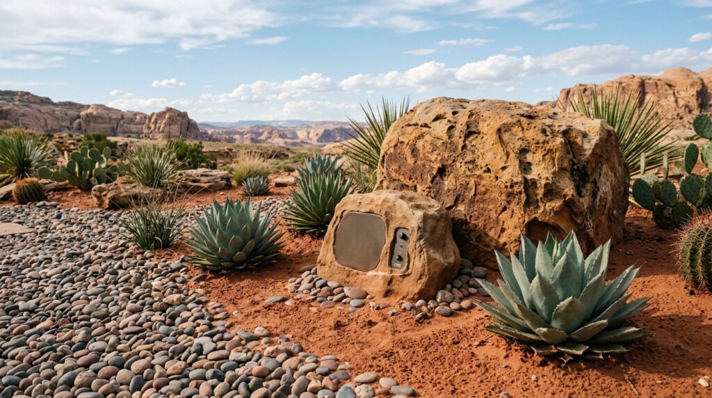 Hidden Outdoor Bluetooth Speaker Rocks for Disappearing Audio desert xeriscape with agaves peb… 202606101218