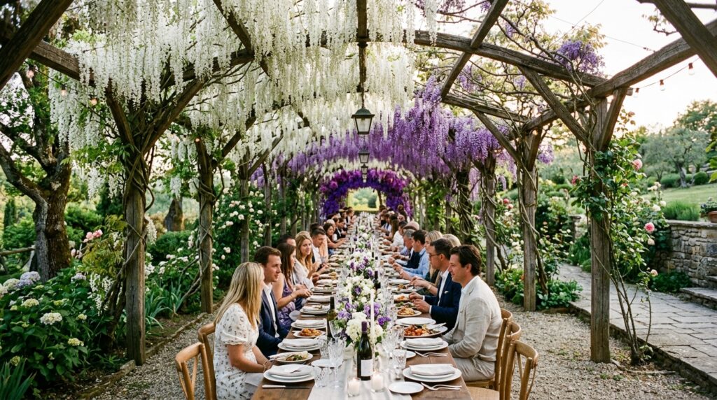 Outdoor Dining Rooms Under Wisteria-Covered Rafter Structures dining arbor with wisteria canopy 202606141544