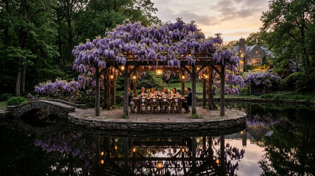 Outdoor Dining Rooms Under Wisteria-Covered Rafter Structures dining pavilion reflection pond … 202606141541