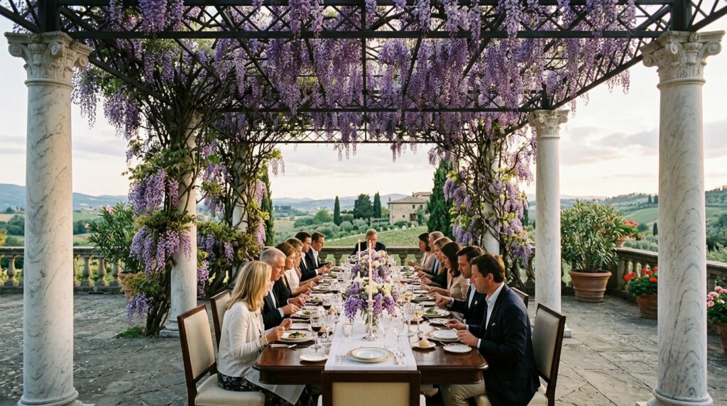 Outdoor Dining Rooms Under Wisteria-Covered Rafter Structures dining room with wisteria vines 202606141537
