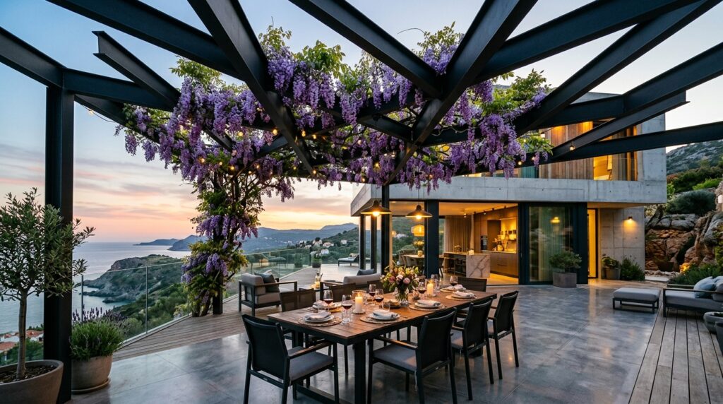 Outdoor Dining Rooms Under Wisteria-Covered Rafter Structures dining terrace with wisteria vine 202606141538