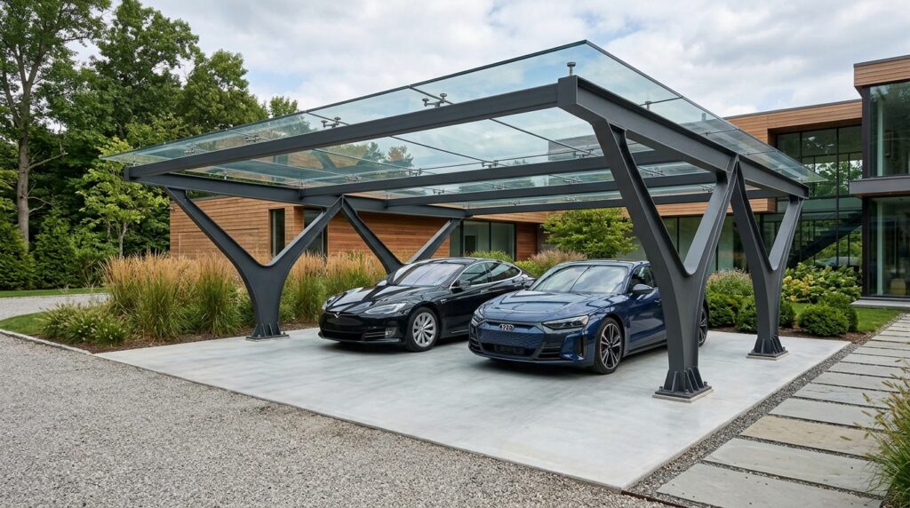 Industrial Steel & Glass Carport Ideas for Darker Driveways double car carport steel columns 202606152228