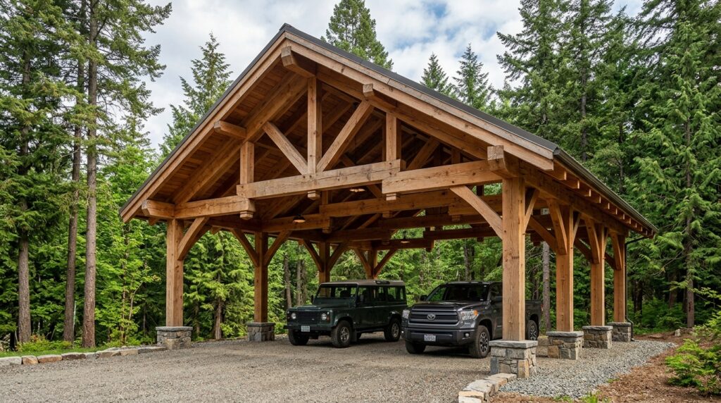 Heavy Timber Gable Pavilions to House Your Luxury Vehicles double car pavilion with trusses 202606161205