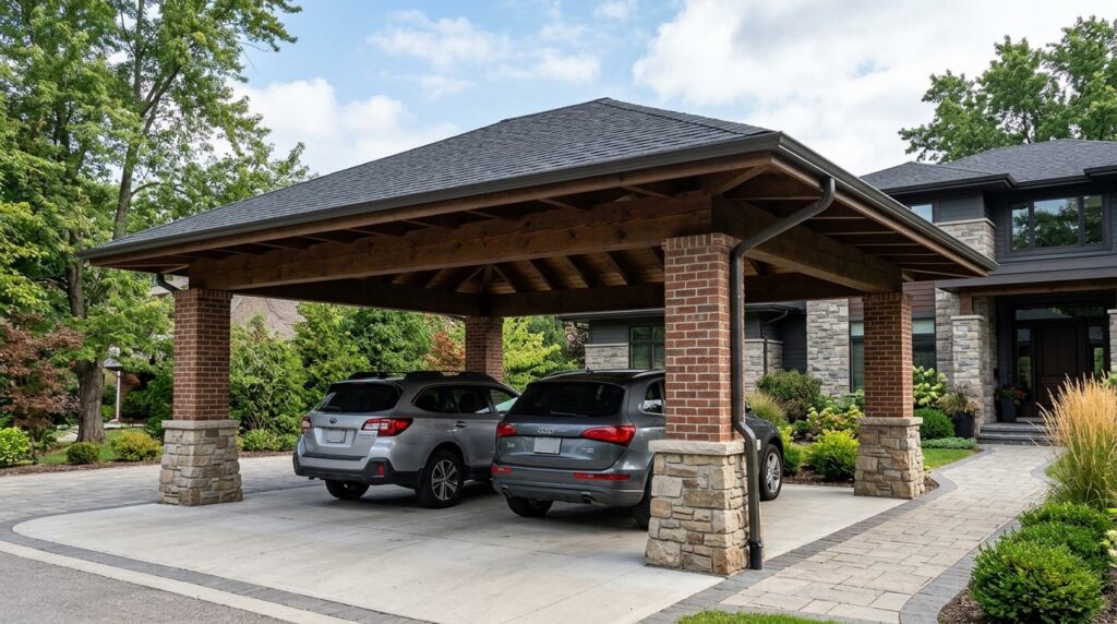Craftsman-Style Carports Featuring Tapered Stone Column Pillars double carport with hip roof 202606152246