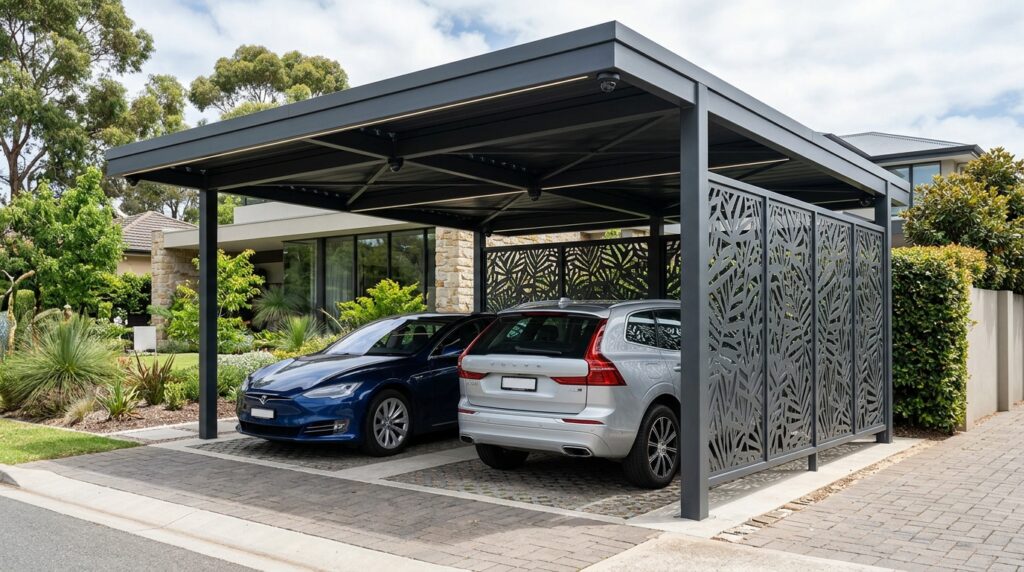Smart Multi-Car Carport Layouts for Busy Suburban Homes double carport with privacy screens 202606152044
