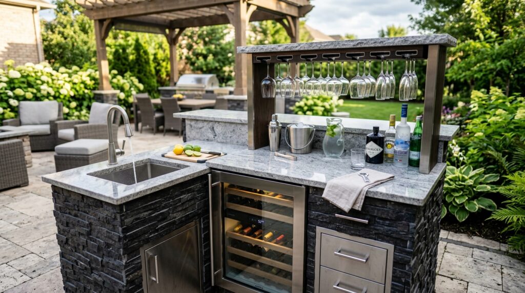 Outdoor Kitchen and Bar Ideas for Ultimate Backyard Fun drinks island with sink cooler 202606061834