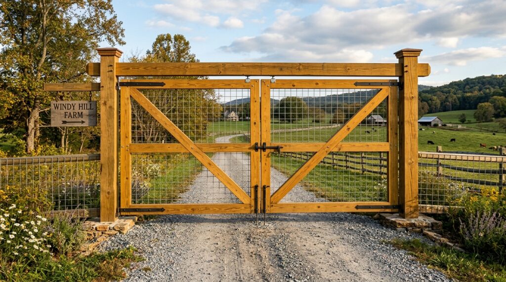 Industrial Wire Mesh and Wood Frame Gates for Modern Farmhouses driveway entrance gate rural lan… 202606111346