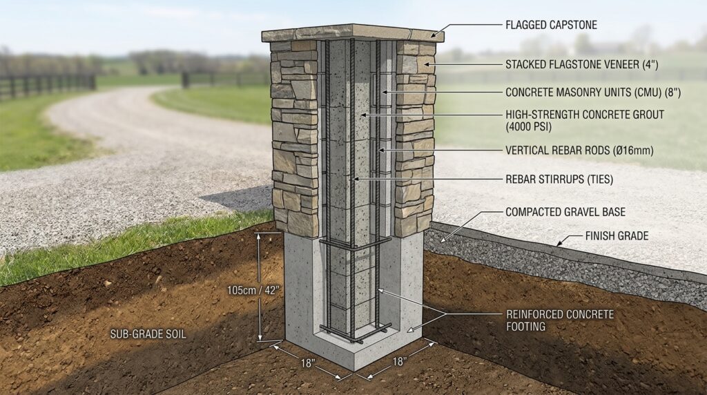 Stacked Flagstone Entry Pillars to Anchor Your Front Driveway Gate driveway pillar construction dia… 202606111308