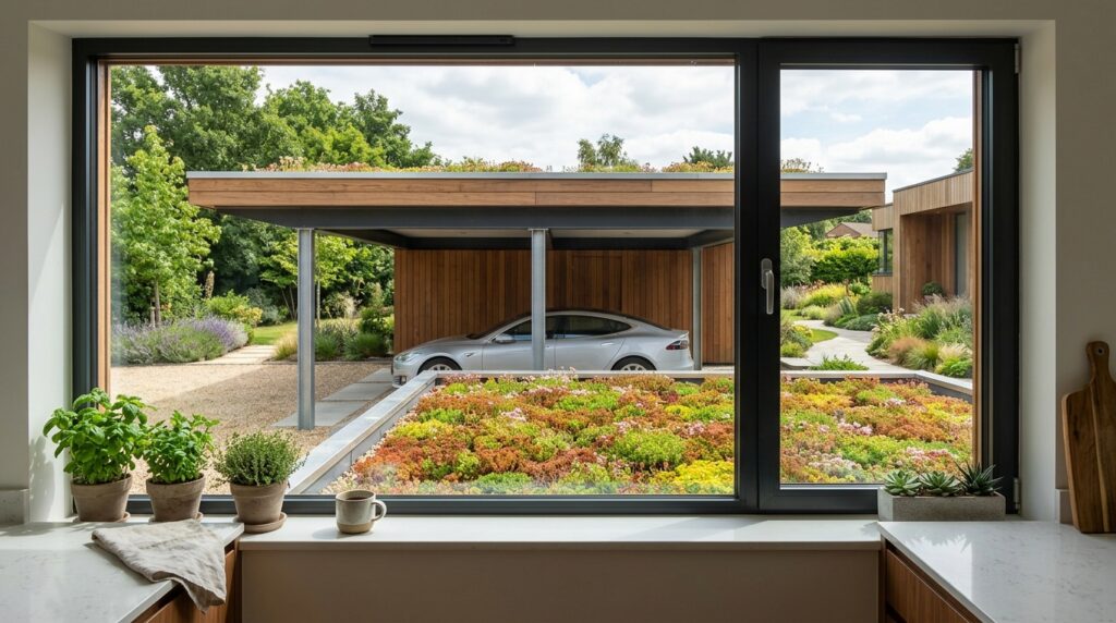 Low-Profile Flat Roof Carports That Won’t Block Your Window Views eco luxury carport with sedum roof 202606161346
