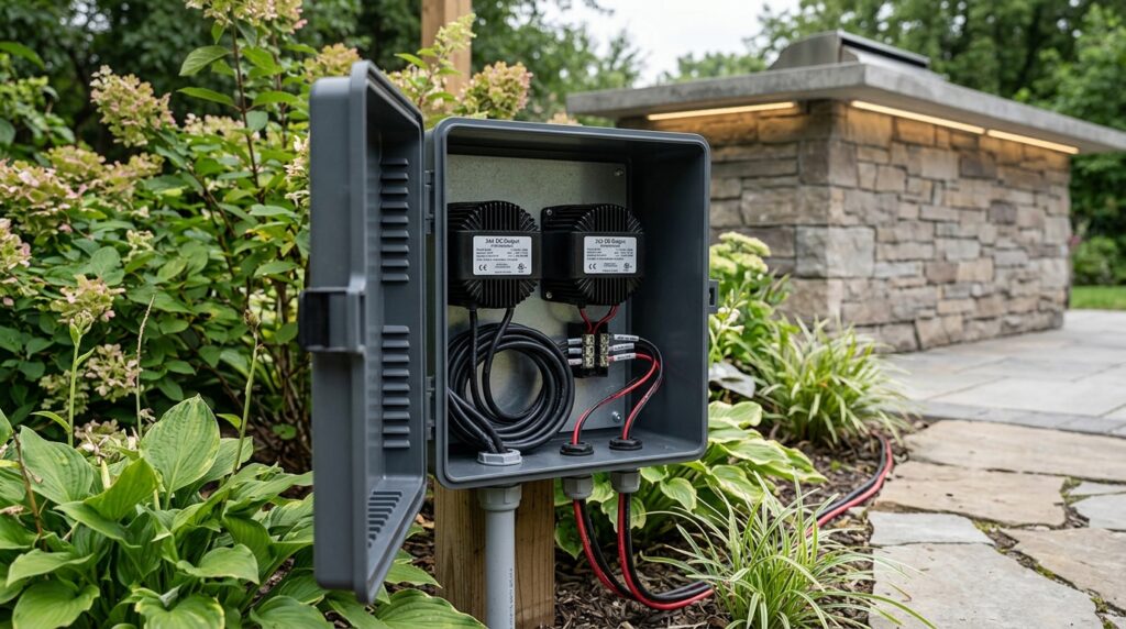 Sound-Activated Accent Lights to Elevate Outdoor DJ and Bar Stations electrical enclosure behind gard… 202606101417