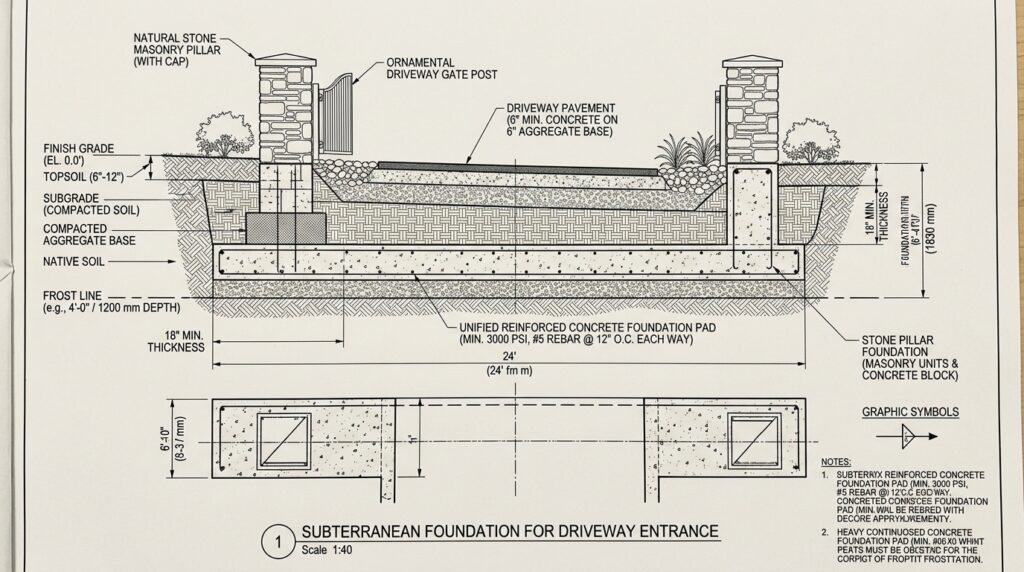Stacked Flagstone Entry Pillars to Anchor Your Front Driveway Gate engineering diagram driveway fou… 202606111309