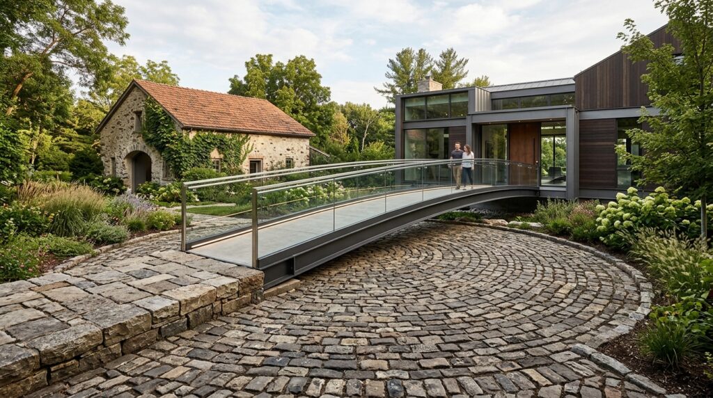 Modern Elevated Skywalks Connecting Luxury Estate Wings entryway design bridge over cobb… 202606072136