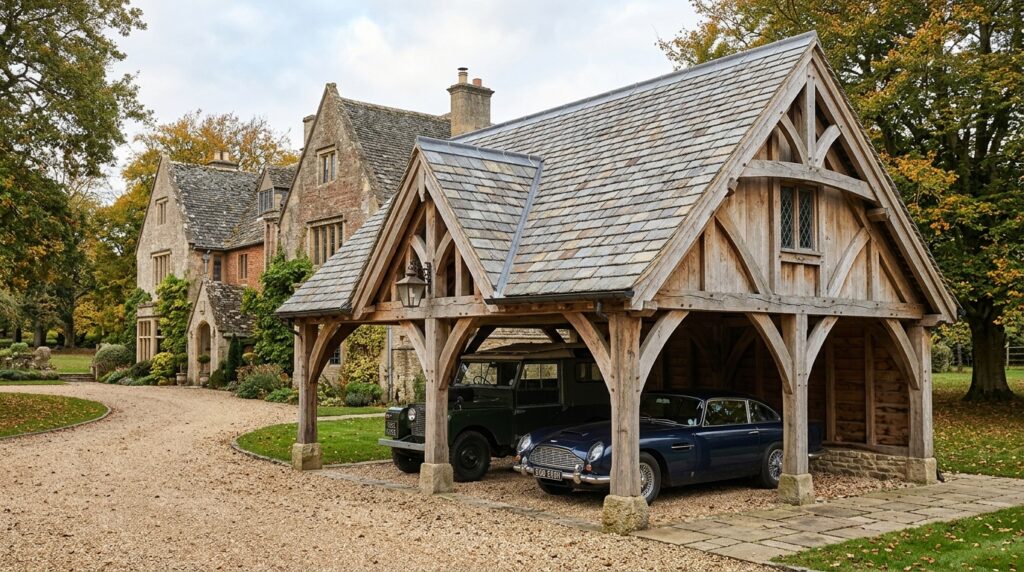 Heavy Timber Gable Pavilions to House Your Luxury Vehicles estate carport with oak timbers 202606161222